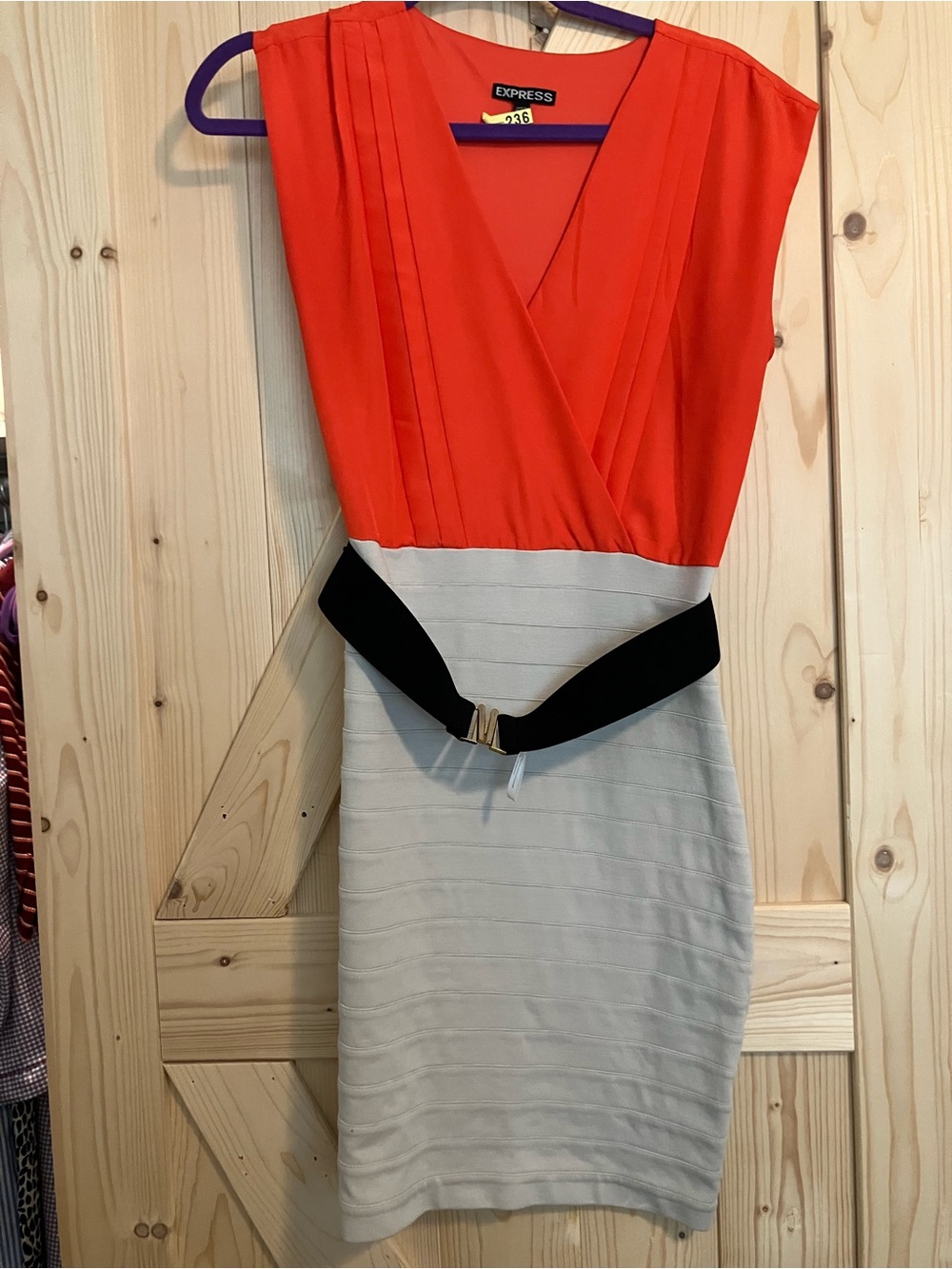 Express Two-Tone Coral and Cream Sheath Bandage Dress with Black & Gold Belt